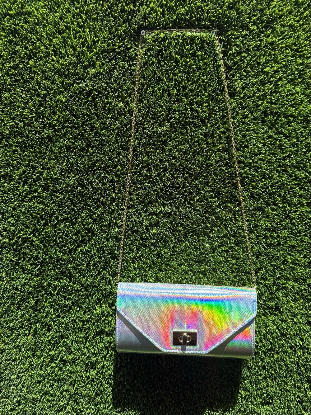 Holographic Silver Chain Crossbody Clutch
